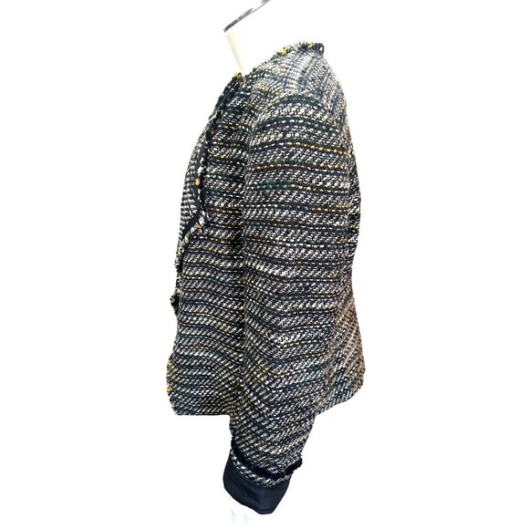 Loft Size 12 Black Gold Green Tweed Open Front Blazer Jacket Theatric Glamorous - Picture 3 of 11